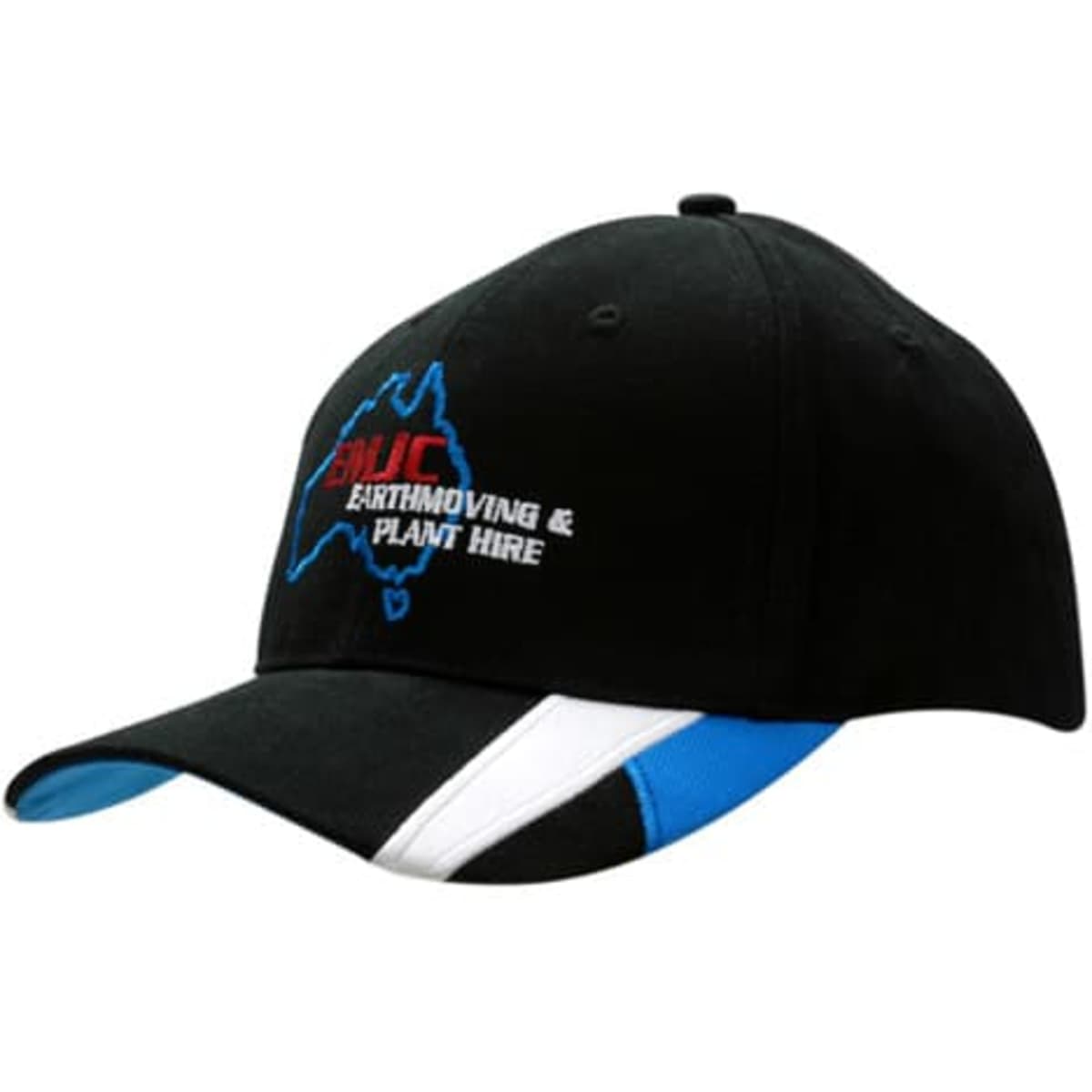 A black cap with blue and white peak inserts, featuring an embroidered logo.
