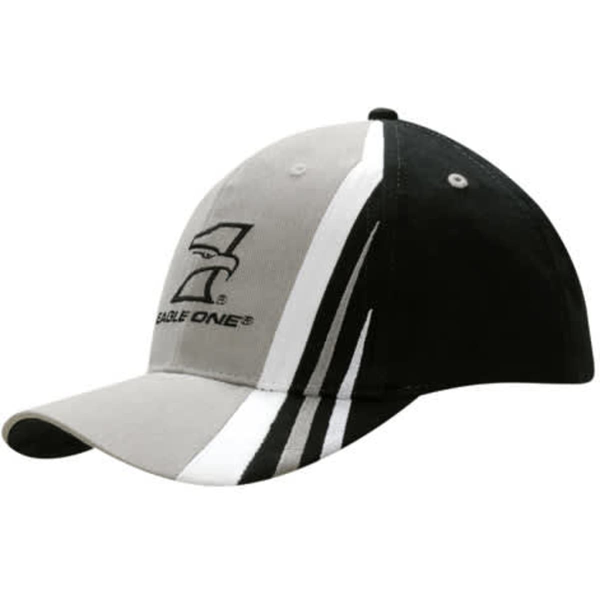 A black and grey baseball cap with fabric inserts and embroidery on the crown and peak, featuring a logo.