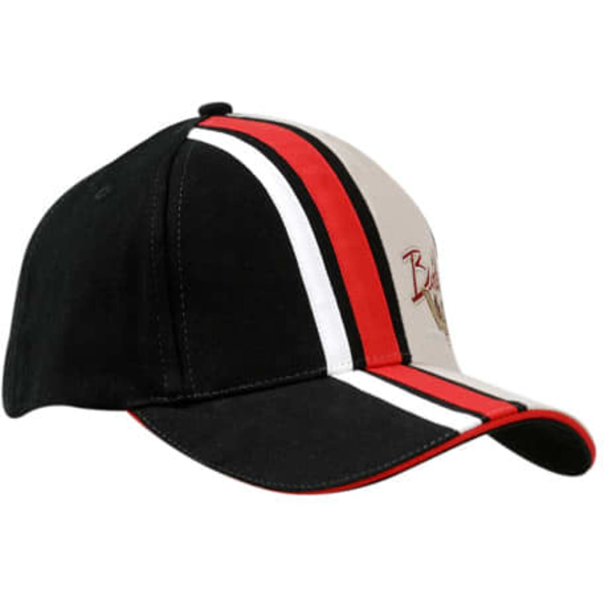 A cap featuring stripes on the crown and peak with sandwich trim, in black, red, white, and beige. It has a logo.