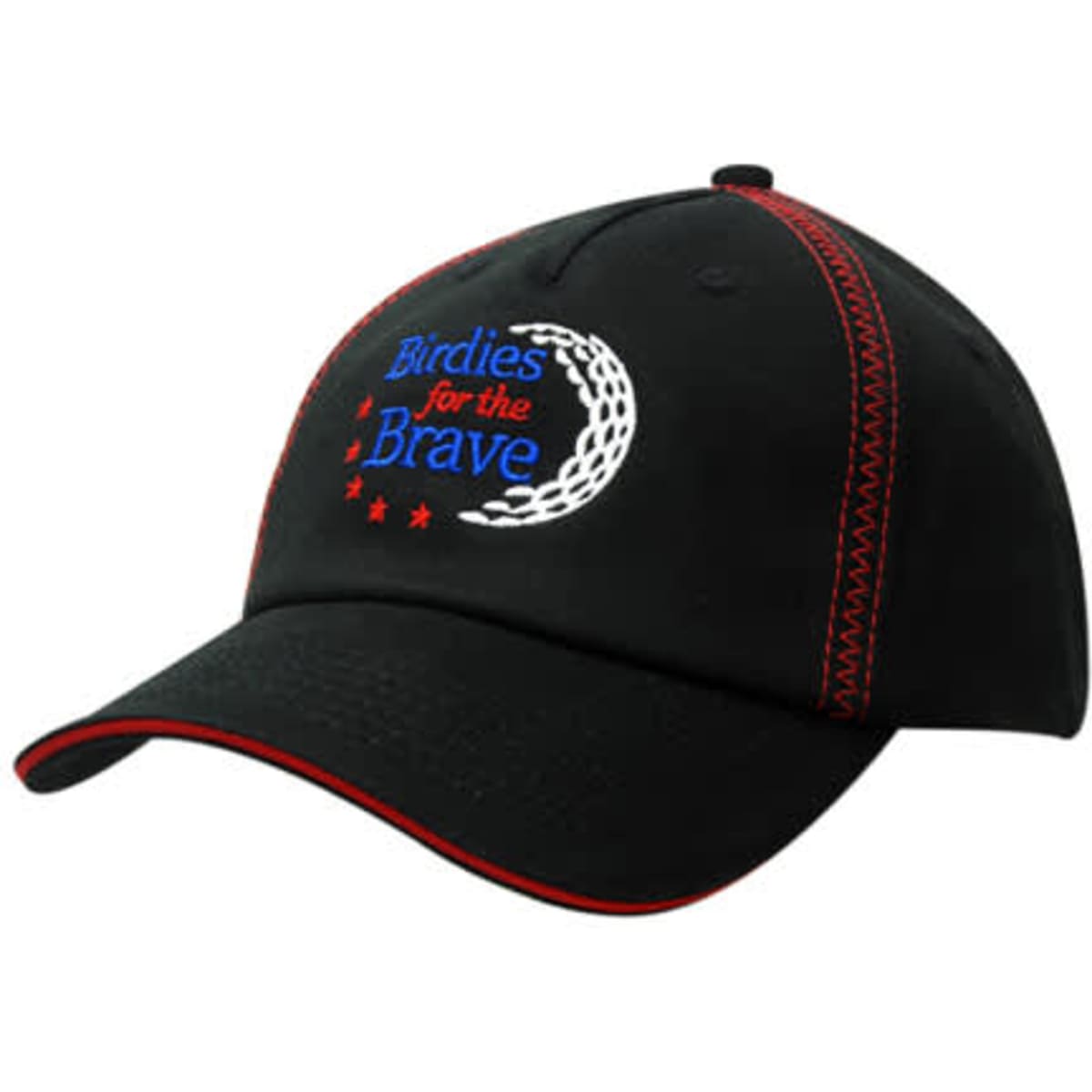 A black cap with red sandwich trim and zigzag stitching, featuring a logo and text.