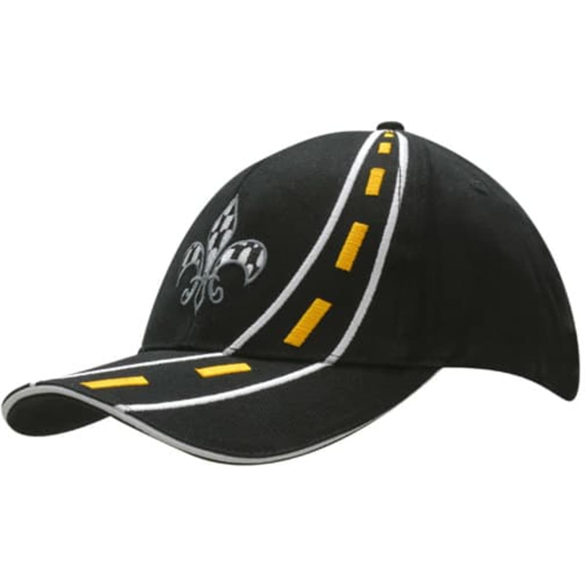 A black cap featuring road embroidery on the crown and peak, with yellow sandwich trim and a logo.