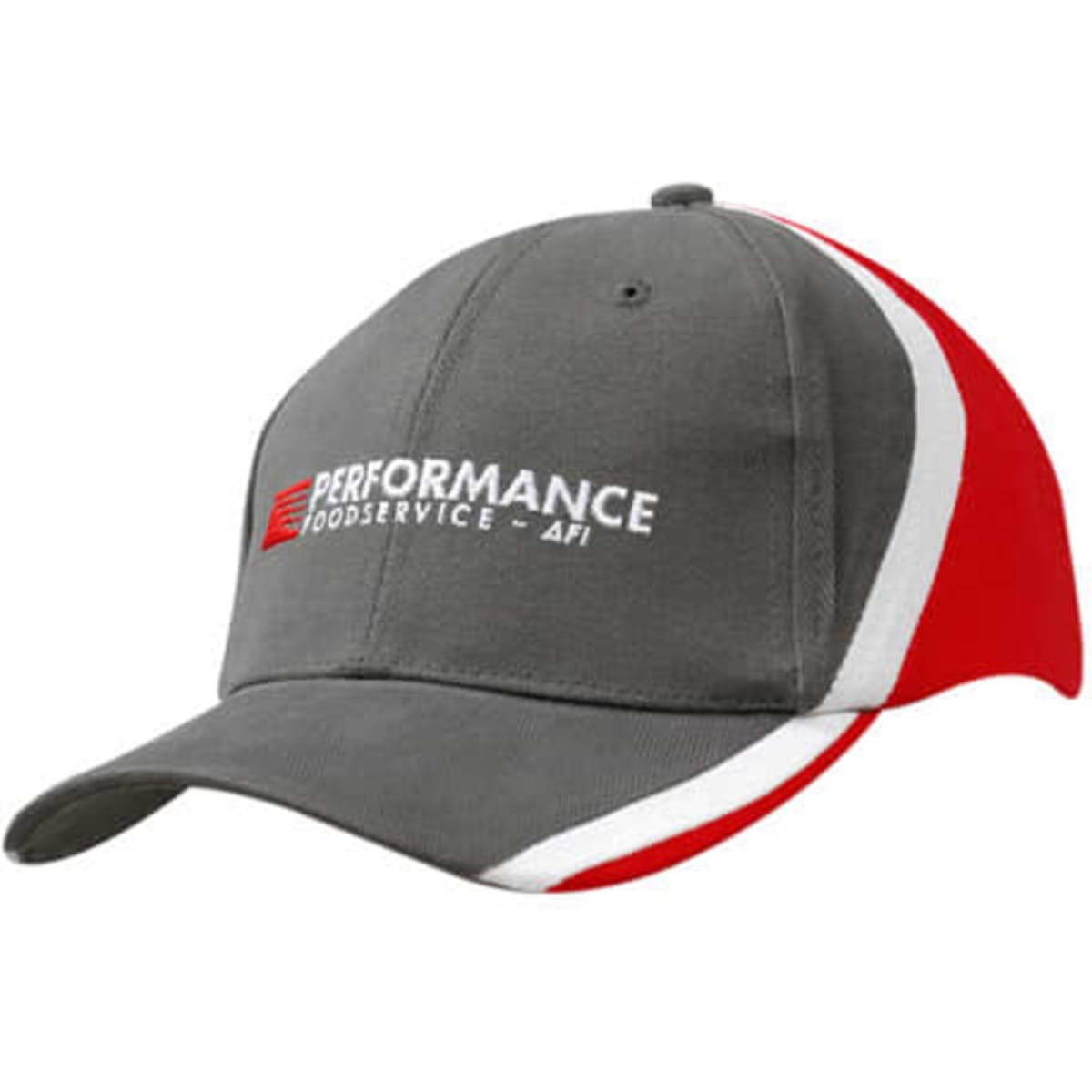 A grey cap with a red peak and stripes, featuring a logo on the front.