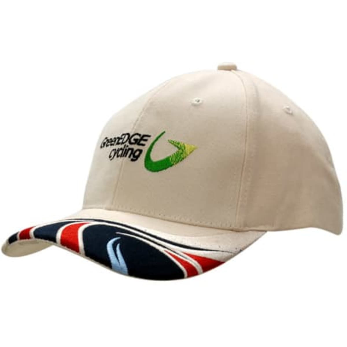 A beige cap with a peak featuring wave embroidery in red, white, and blue, along with a logo.