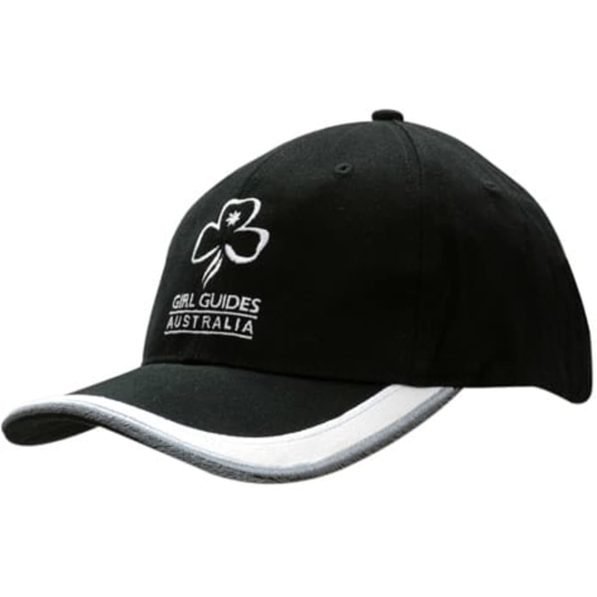 A black cap with a peak, featuring an embroidered logo and white detailing on the brim.