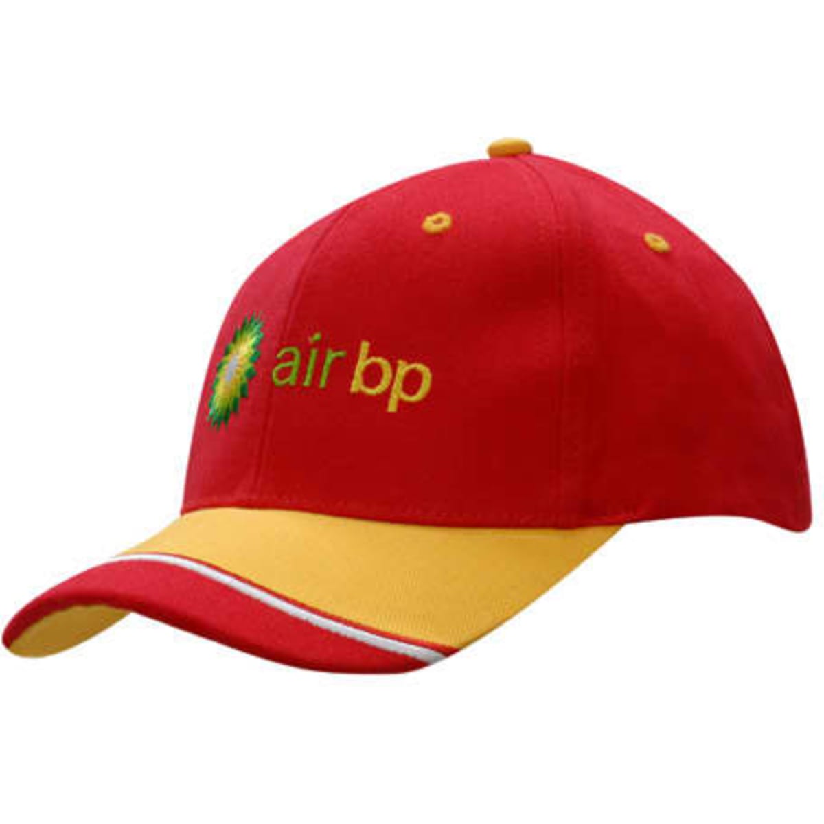 A red and yellow cap with a fabric insert and embroidery on the peak, featuring a logo.