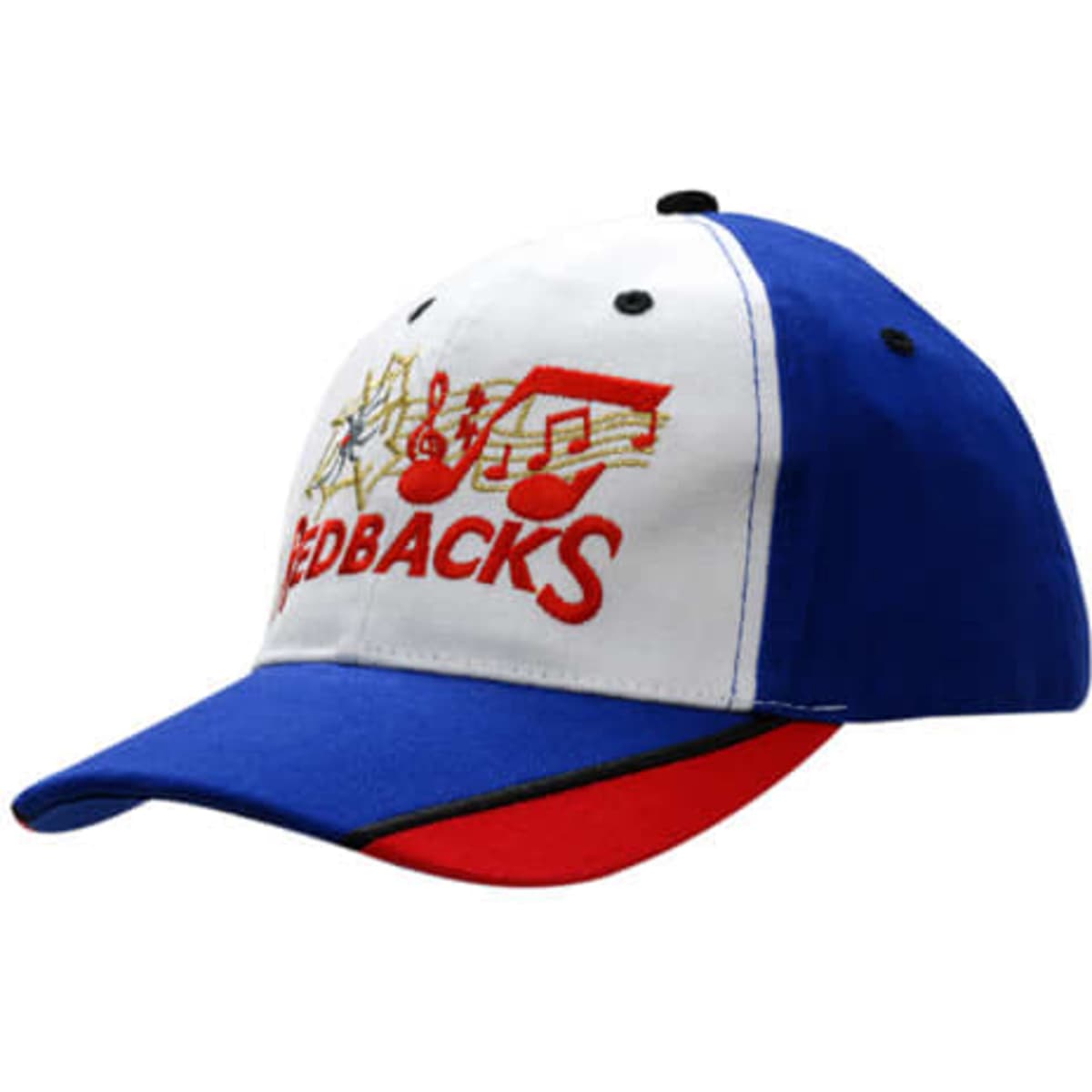 A baseball cap featuring a white front panel with blue and red accents, and an embroidered design related to music.