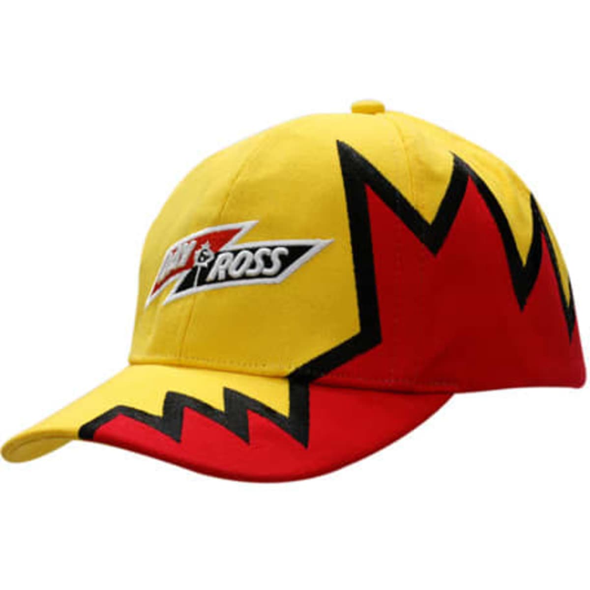 A yellow cap with red and black zigzag embroidery, featuring a logo on the front.