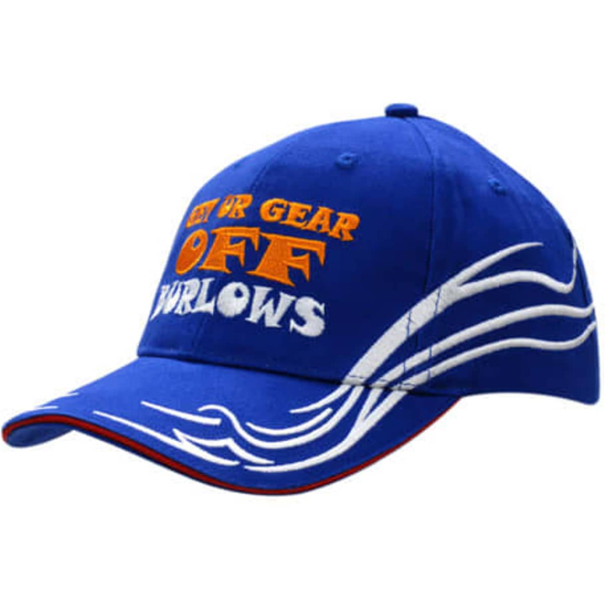 A blue cap featuring embroidered detailing on the crown and peak, with a logo and distinctive white trim.