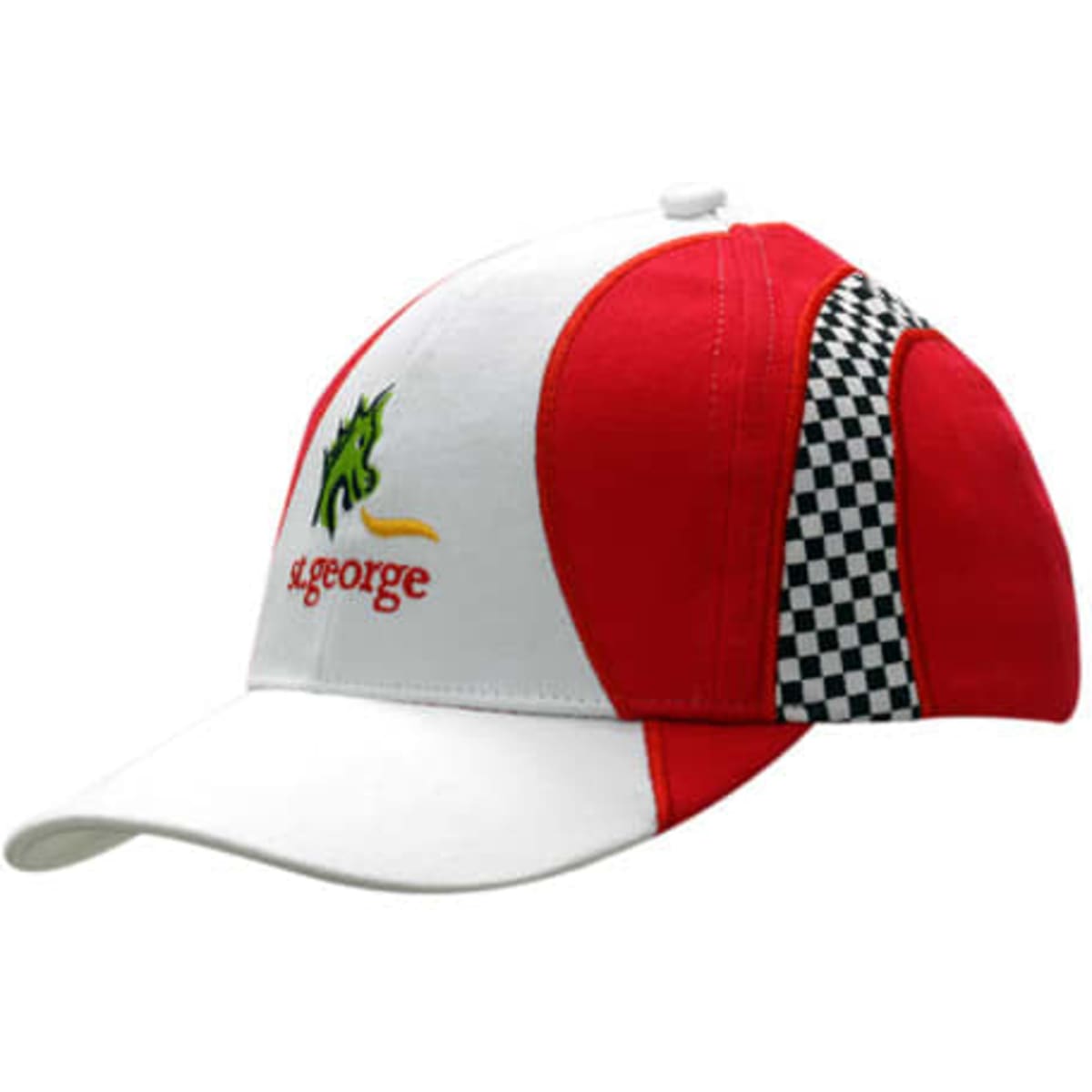 A red and white cap featuring checkered panels and an embroidered logo on the front.