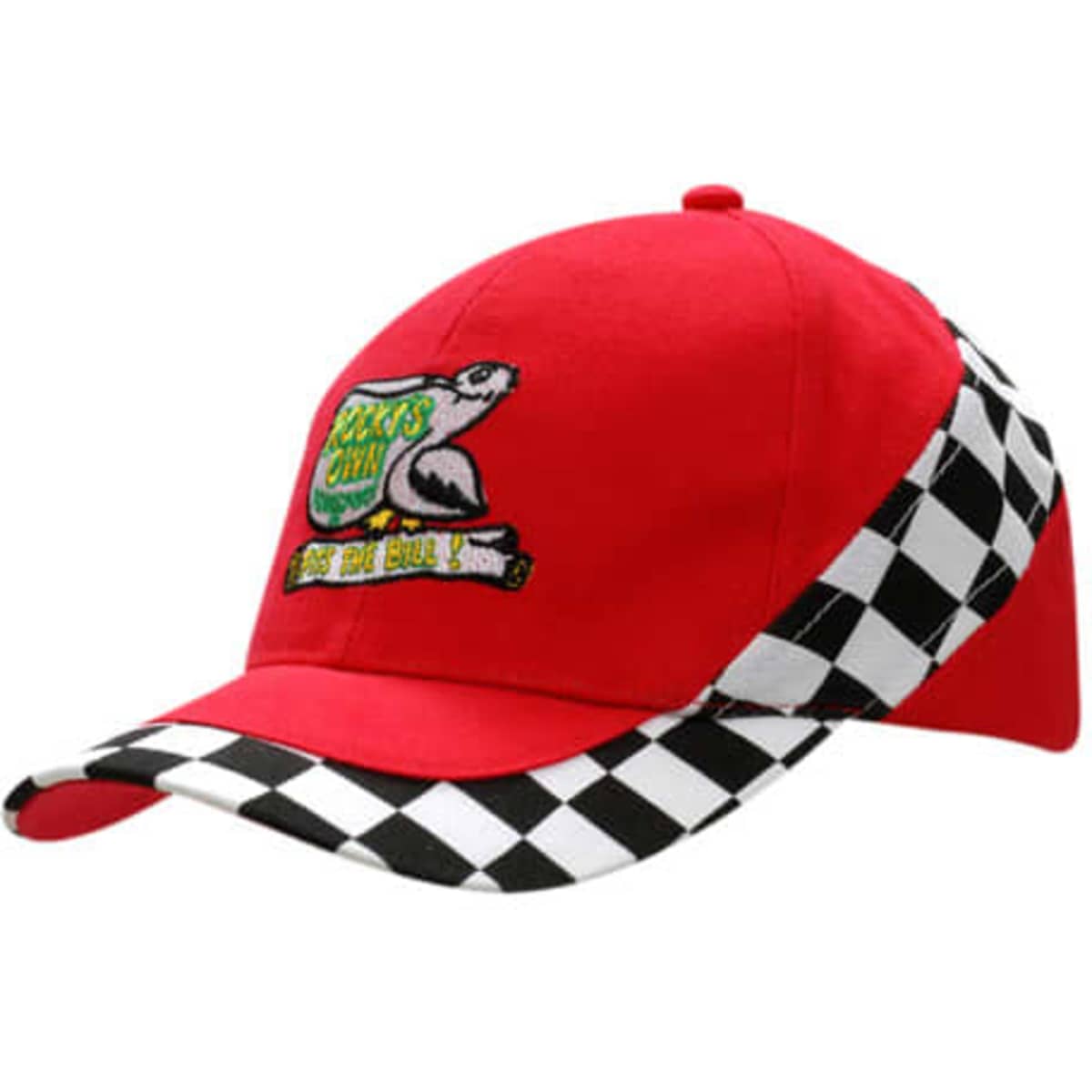 A red cap with a checkered peak and inserts, featuring an embroidered logo on the front.