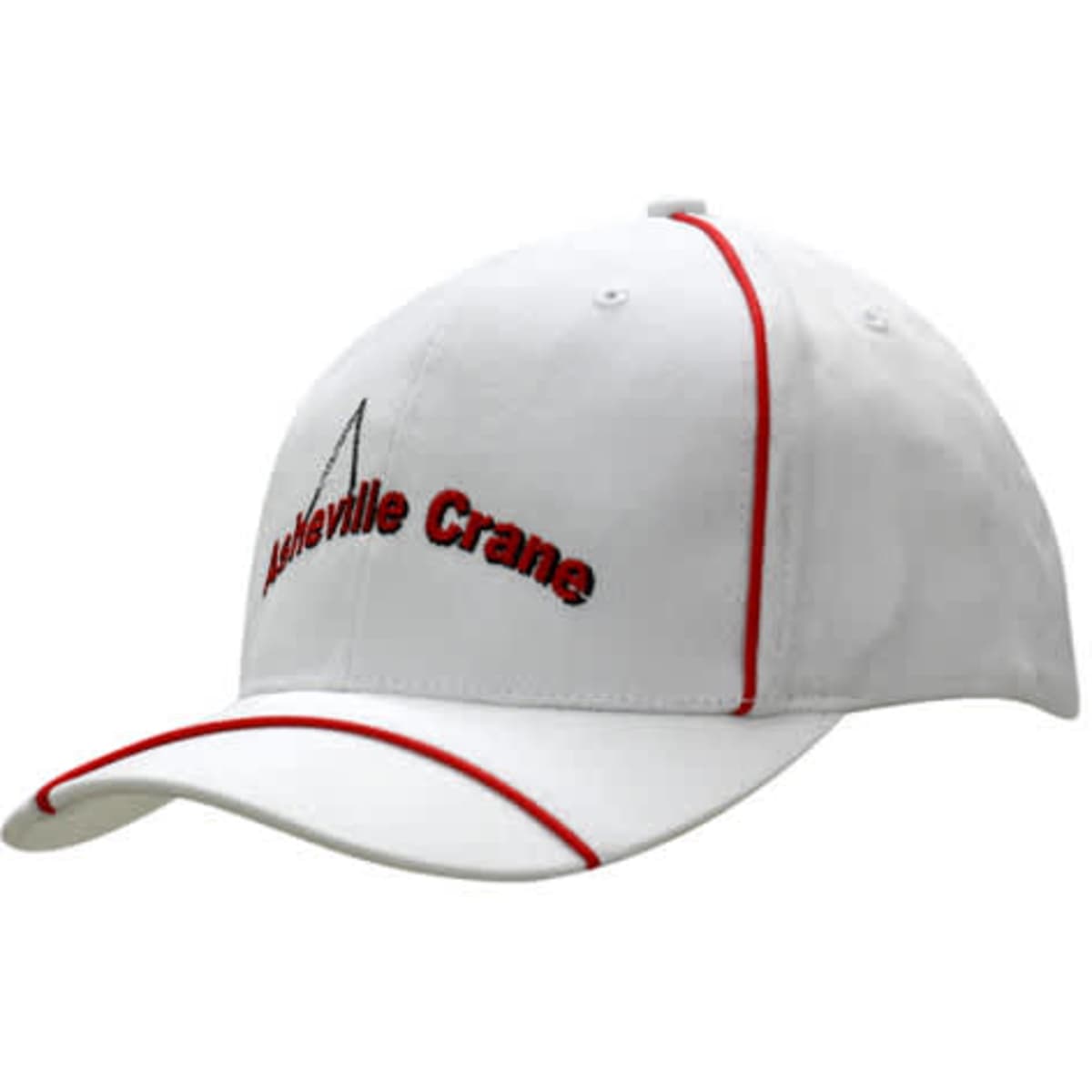 A white cap with red piping on the crown and peak, featuring an embroidered logo.