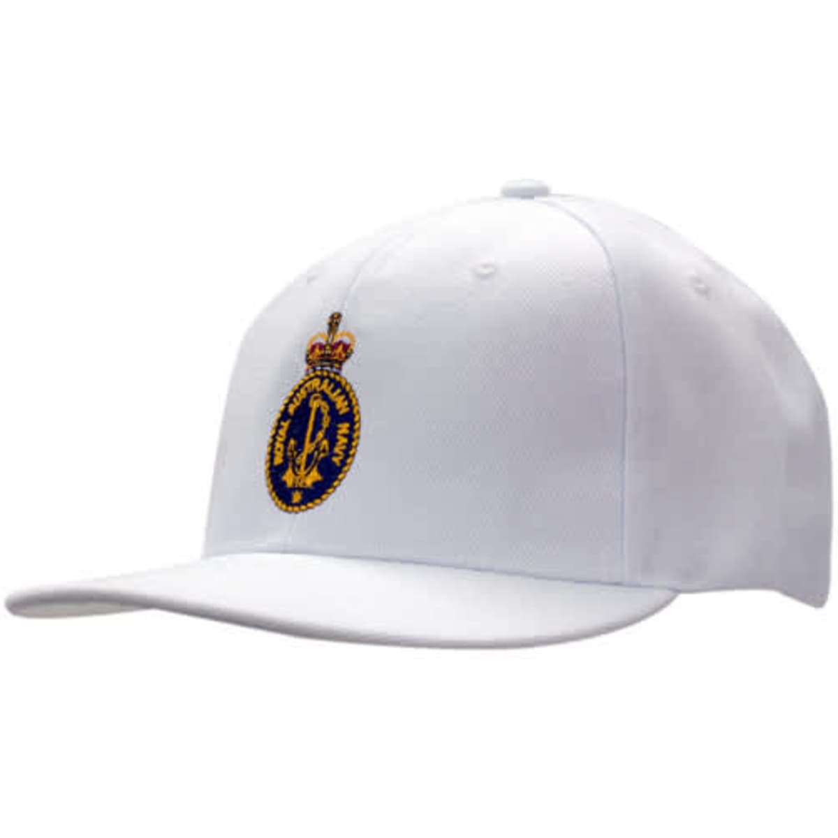 A white fitted cap with a flat peak and an embroidered logo on the front.