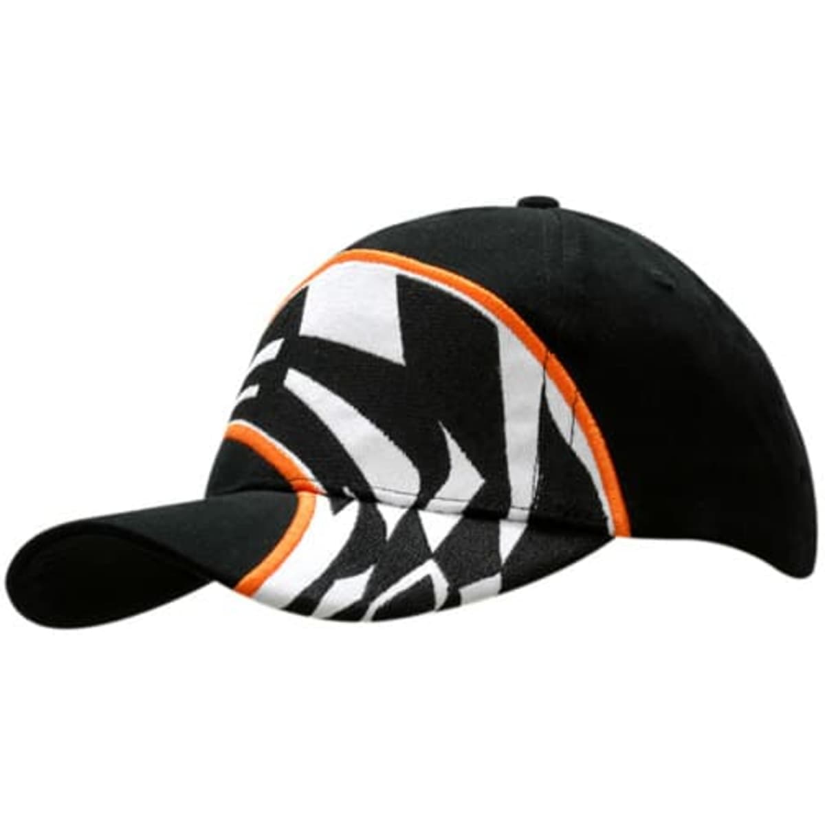 A black cap featuring a striking design with white and orange accents and an embroidered logo on the front.