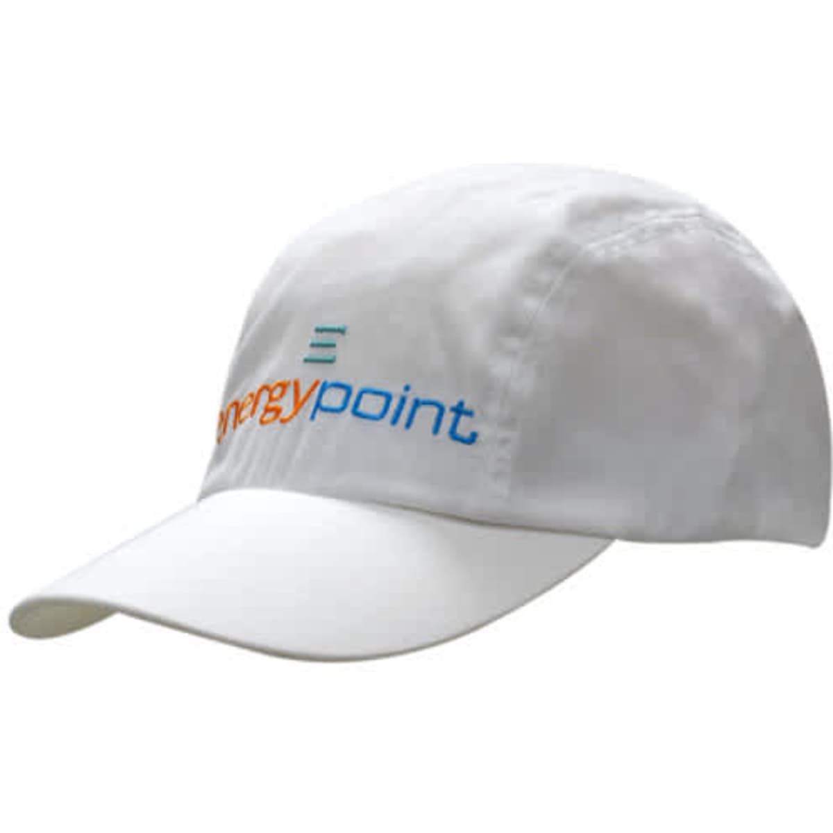 A white cap made of brushed regular cotton and spandex, featuring a logo on the front.