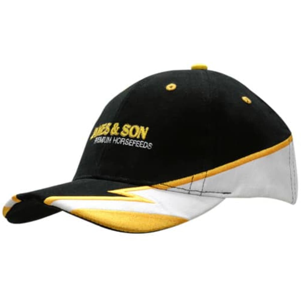 A black and white cap with yellow accents, featuring embroidered branding on the front and a structured peak.