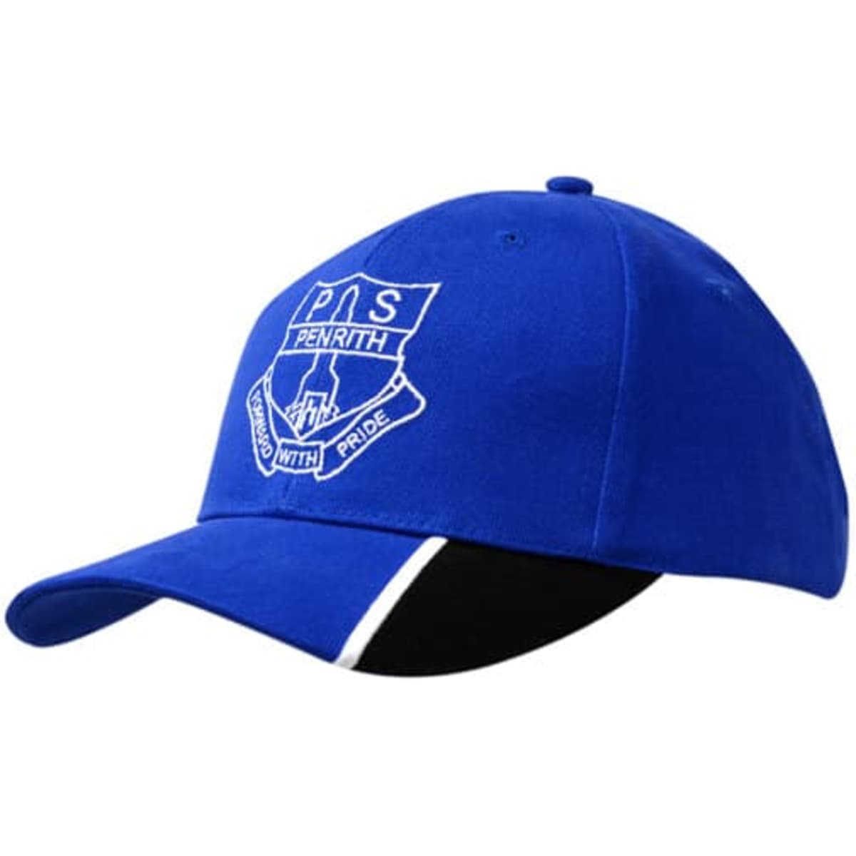 A blue cap with a black peak and embroidery, featuring a logo. Ideal for casual wear or promotional use.