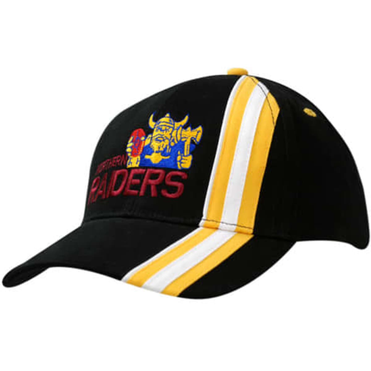 A black cap featuring yellow stripes and piping on the crown and peak, with an embroidered logo.