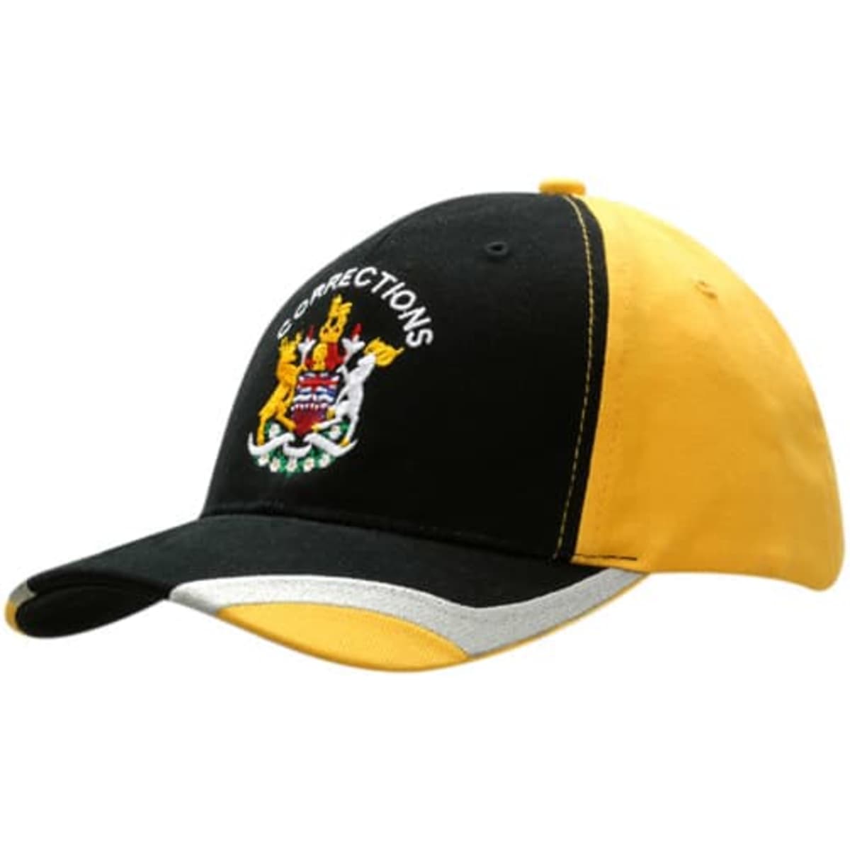 A black and yellow cap with peak inserts and embroidery, featuring a crest and logo on the front.