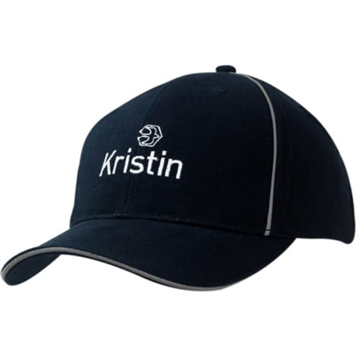A navy cap featuring reflective piping and a sandwich peak, with a logo and white text.