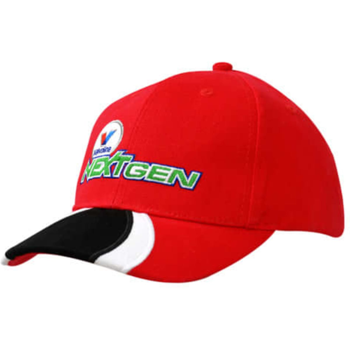 A red cap with black and white peak inserts and embroidered branding on the front.