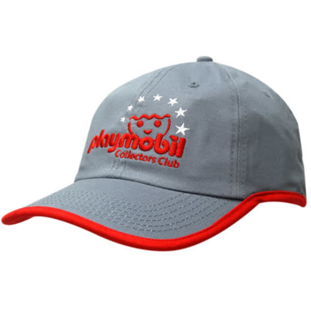 A grey baseball cap with a red peak and trim, featuring a logo and stars embellishment.