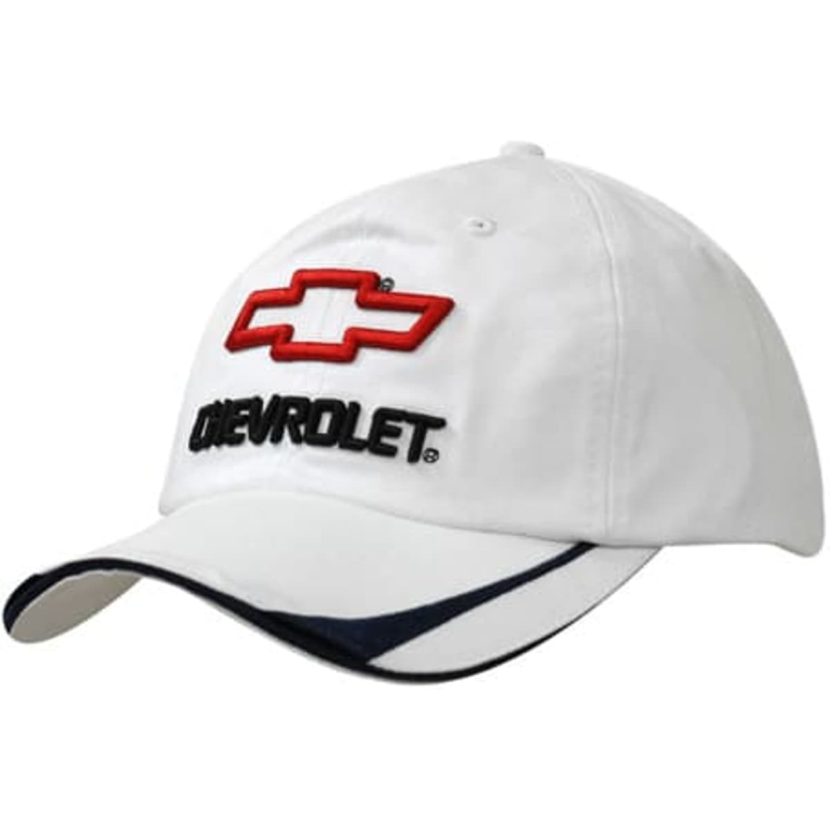 A white cap featuring a red and black embroidered logo, with a navy sandwich trim on the peak.