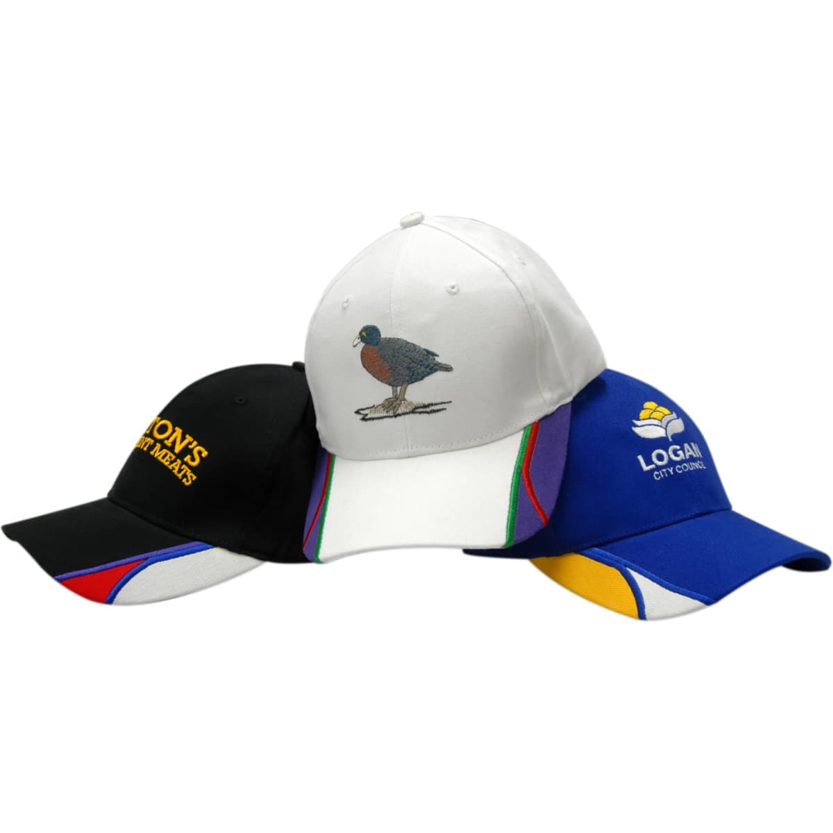 A collection of caps in black, white, and blue, featuring various embroidered designs and a logo on each.