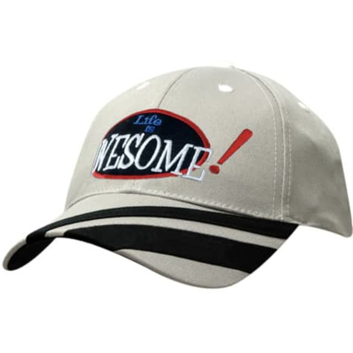 A beige cap with a logo featuring the text "Life is AWESOME!" and black fabric stripes on the peak.