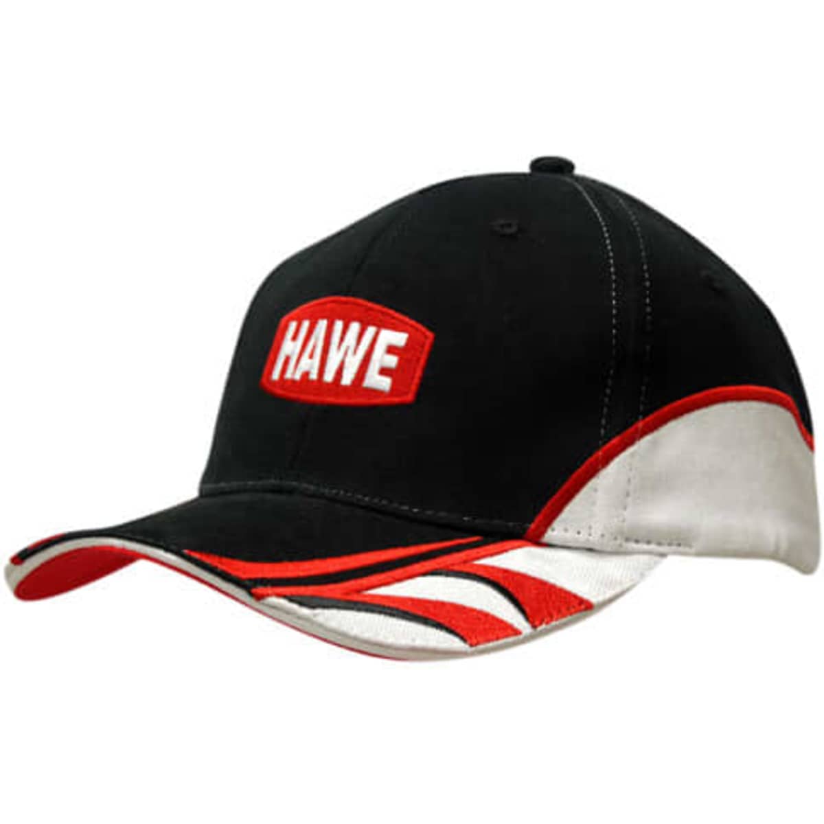 A black cap featuring red and white sandwich trim, with embroidered branding on the front.
