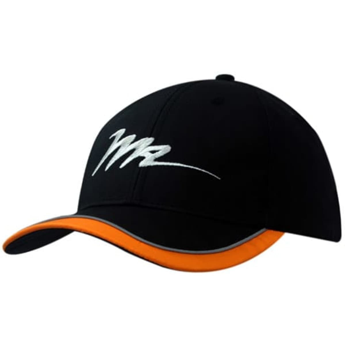 A black cap with an orange peak trim and piping, featuring a logo on the front.