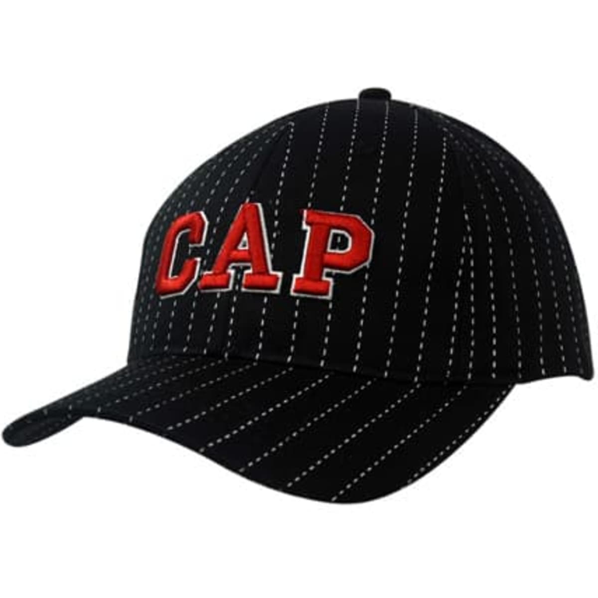 A black cotton cap with white pinstripes and a red embroidered 'CAP' on the front, featuring a logo.
