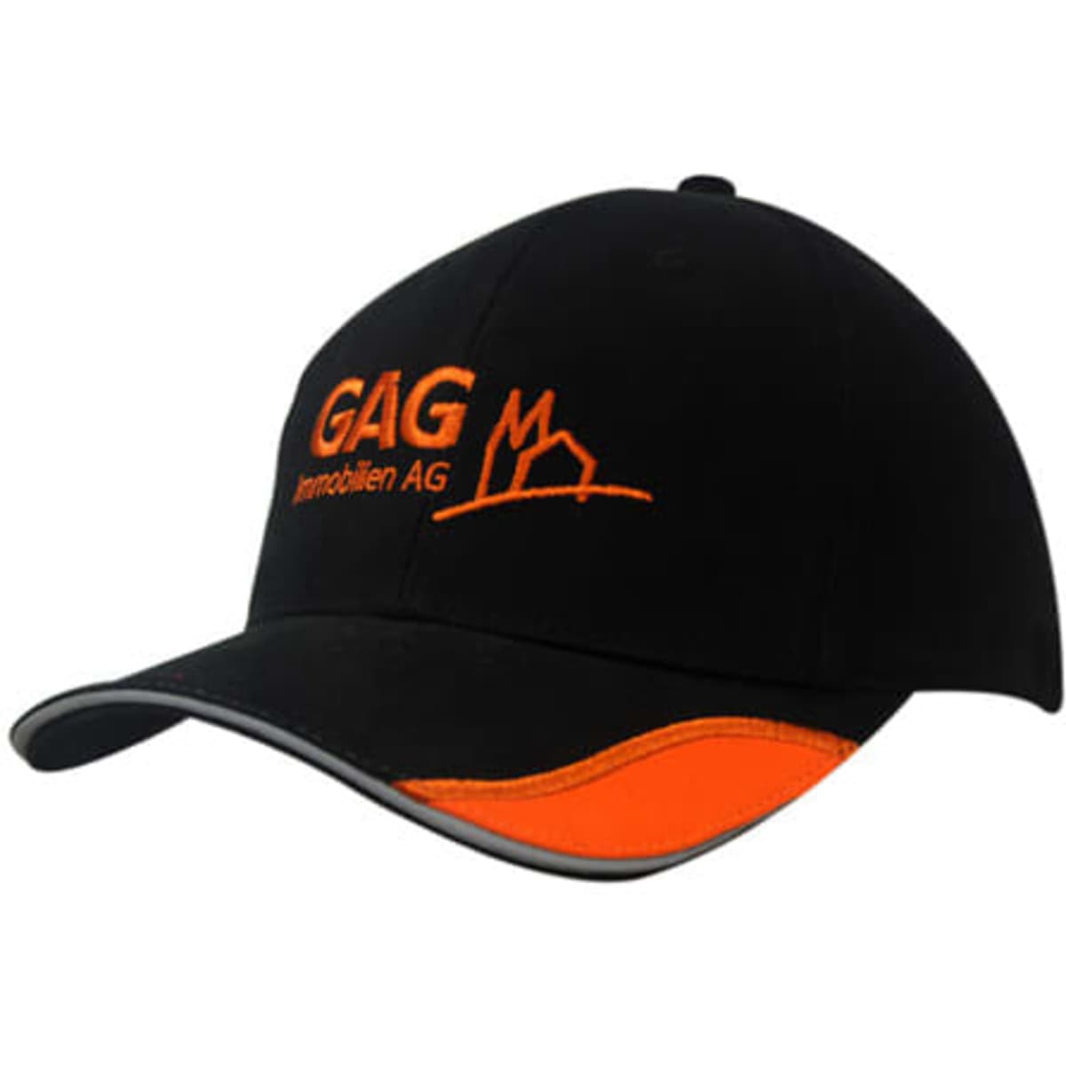 A black cap with an orange peak insert and embroidered logo. Features reflective details.