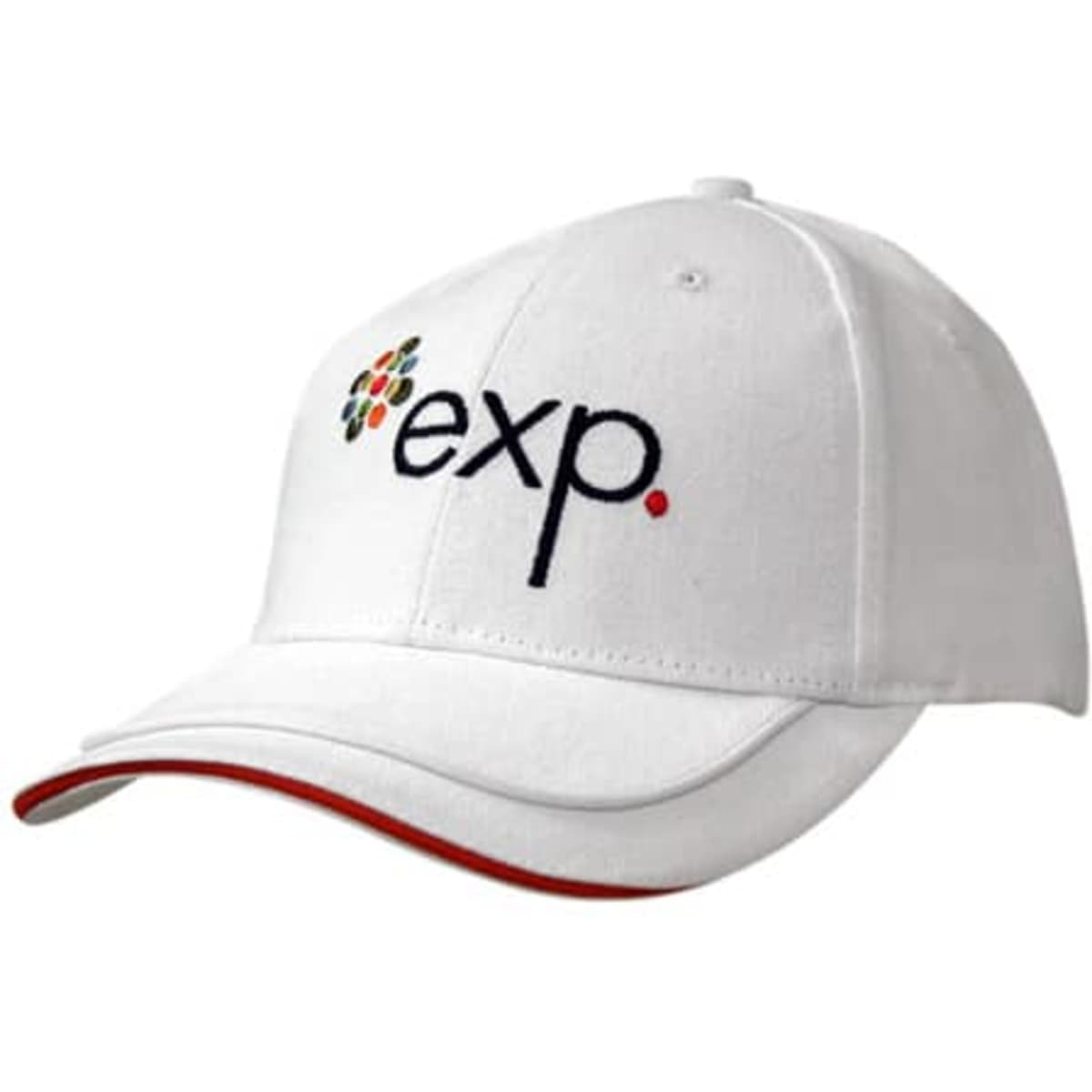 A white cap with sandwich trim and piping on the peak, featuring a logo on the front.