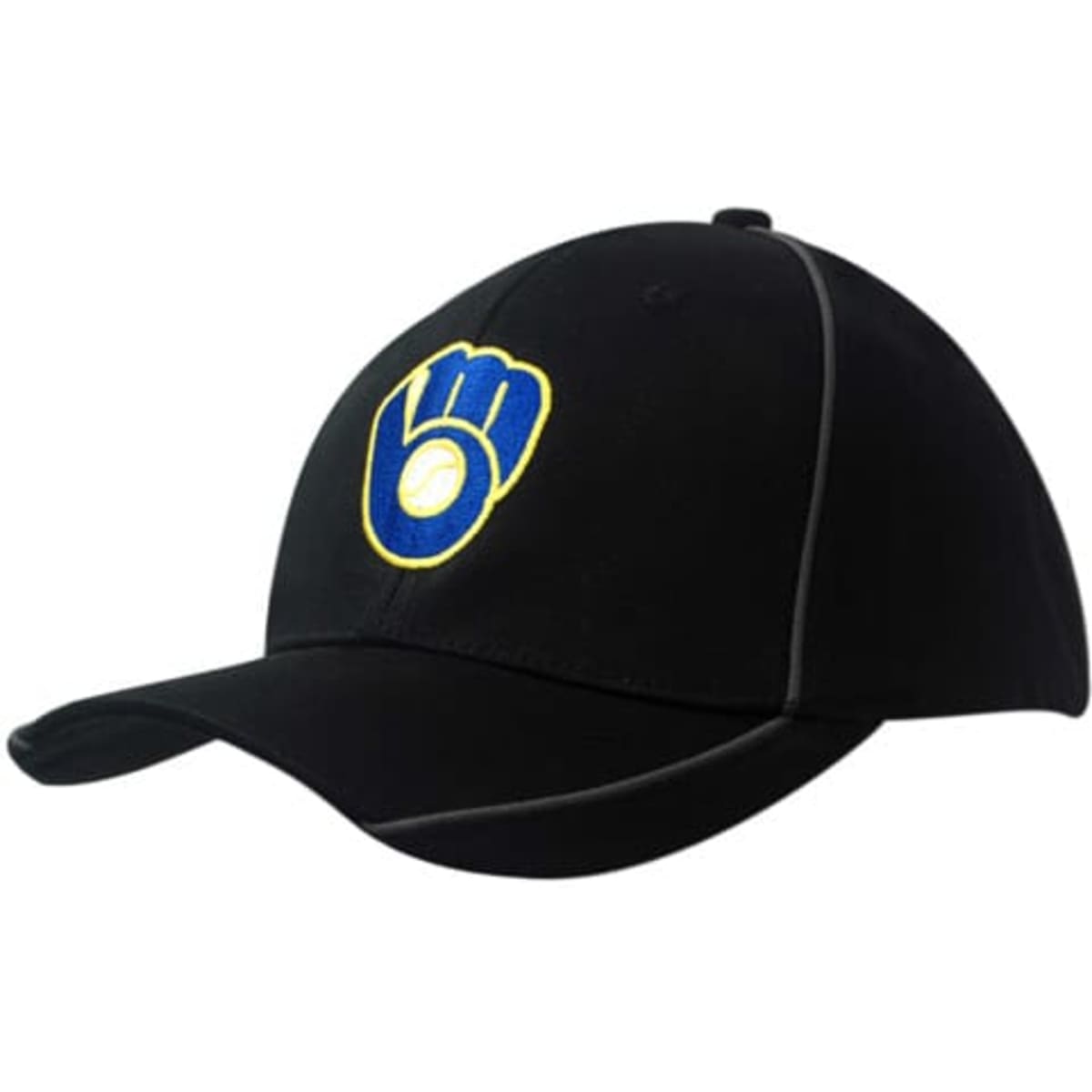 A black cap made from deluxe bull denim cotton twill, featuring piping and an embroidered logo.