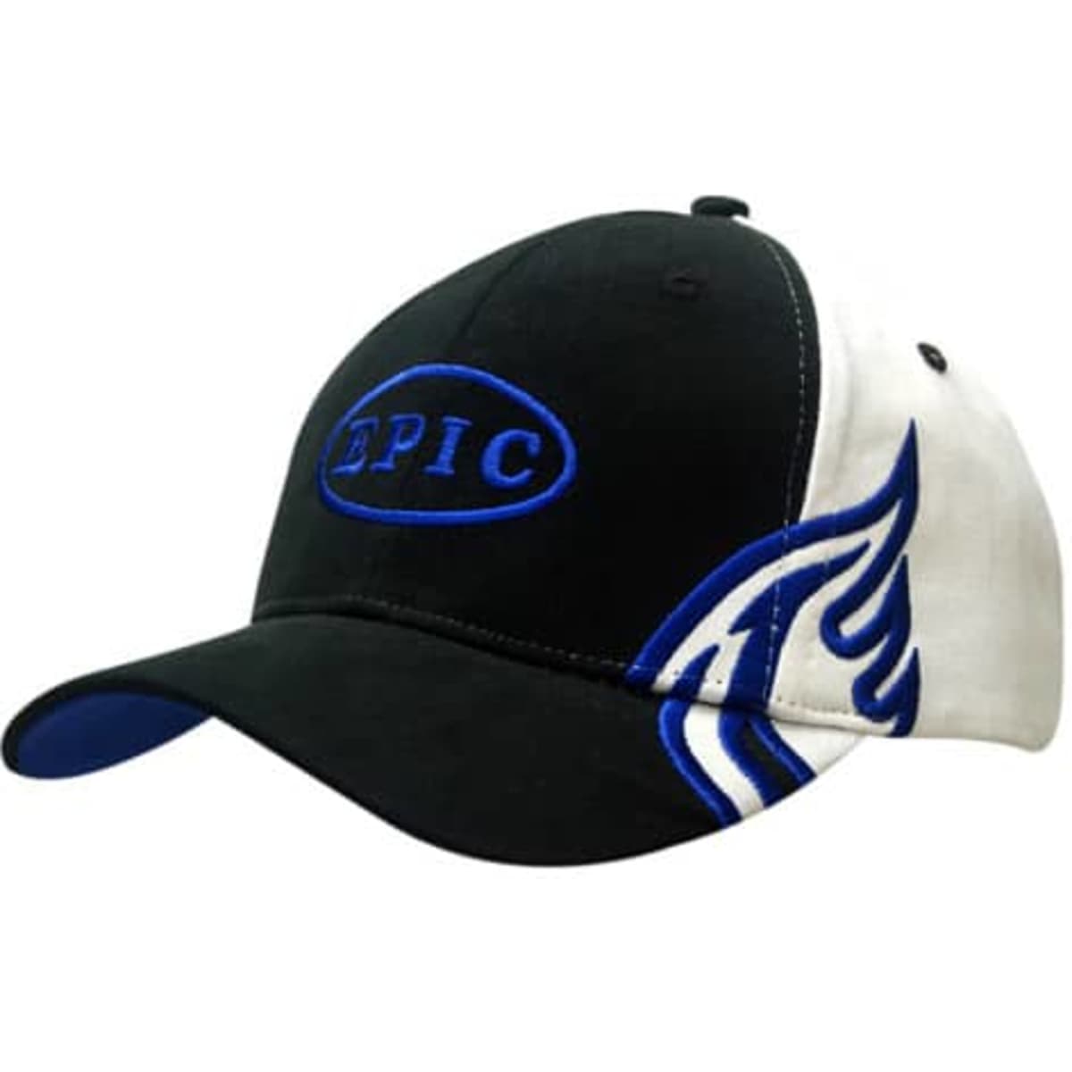 A black and white cap featuring wing embroidery on the crown and peak, with a logo on the front.
