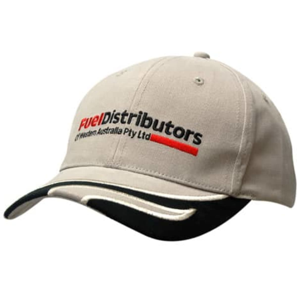 A beige cap with a black peak featuring embroidery and a logo on the front.