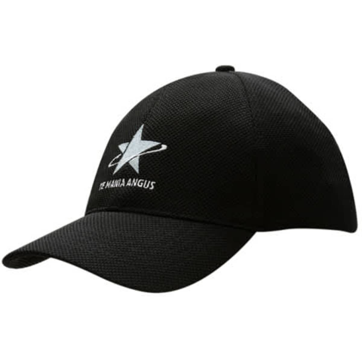 A black fitted cap made from double pique mesh with a logo on the front.