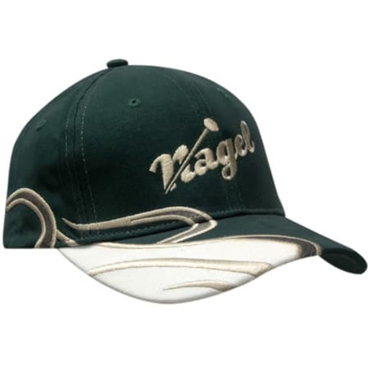 A dark green cap featuring swirl embroidery on the crown and peak, with a logo on the front.