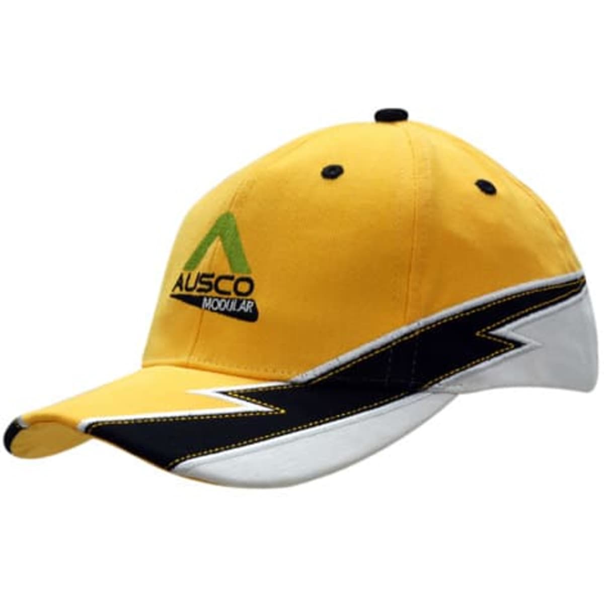 A yellow cap featuring a green and black logo, with a striking black and white design on the peak.