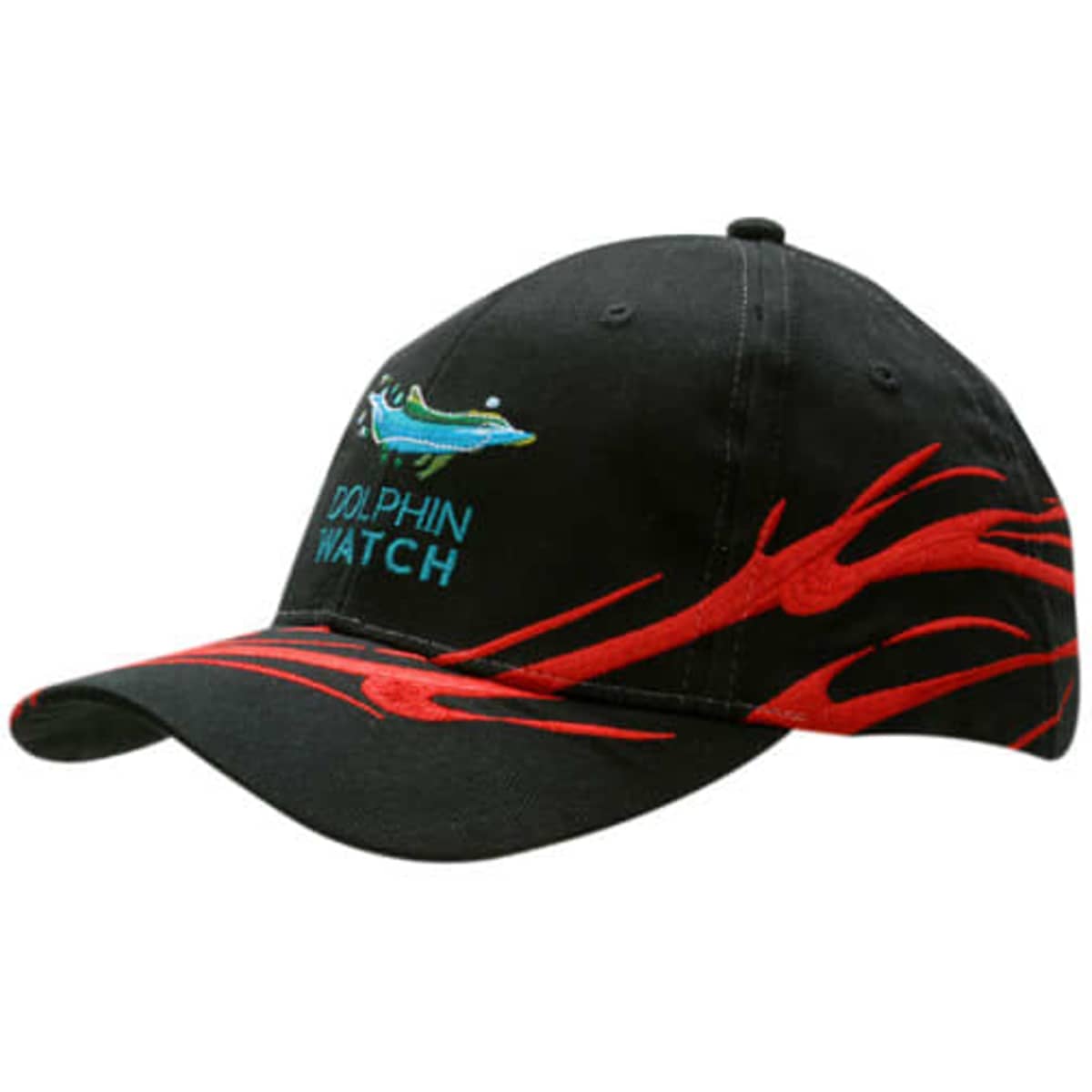 A black cap featuring wave embroidery in red and a logo on the front.