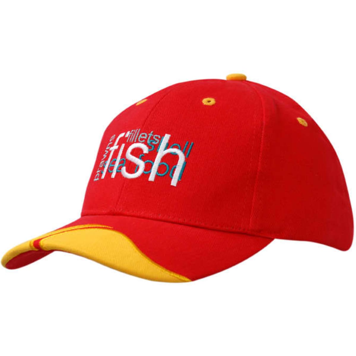 A red cap with yellow peak inserts and embroidered details, featuring a logo on the front.