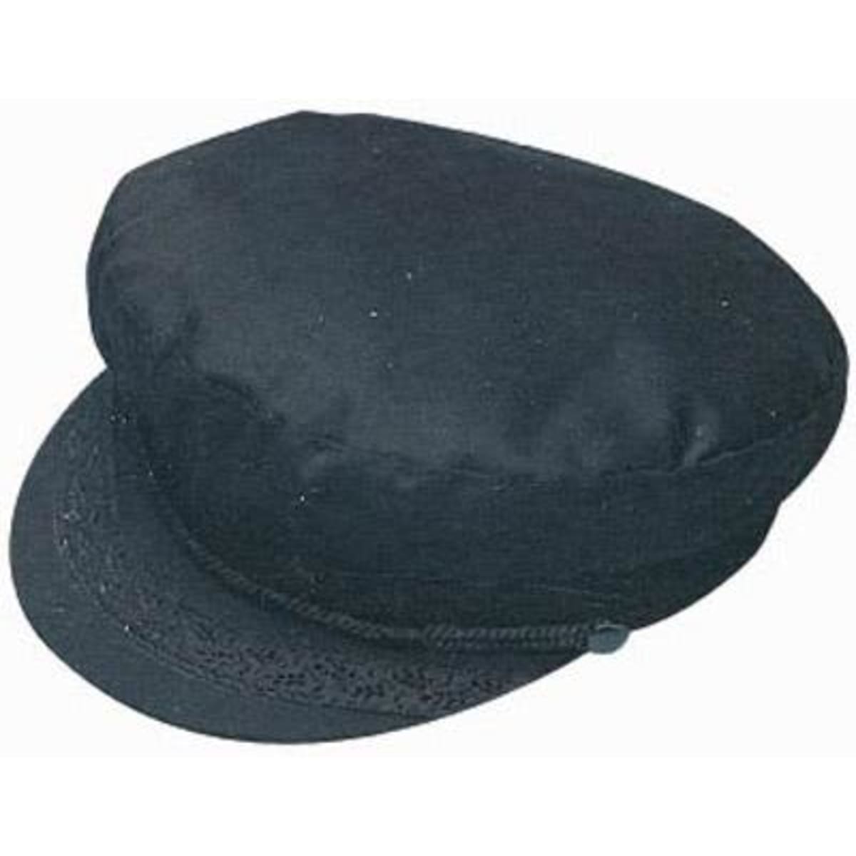 A cotton fisherman's cap in black with a wide, flat crown and a decorative band around the base.
