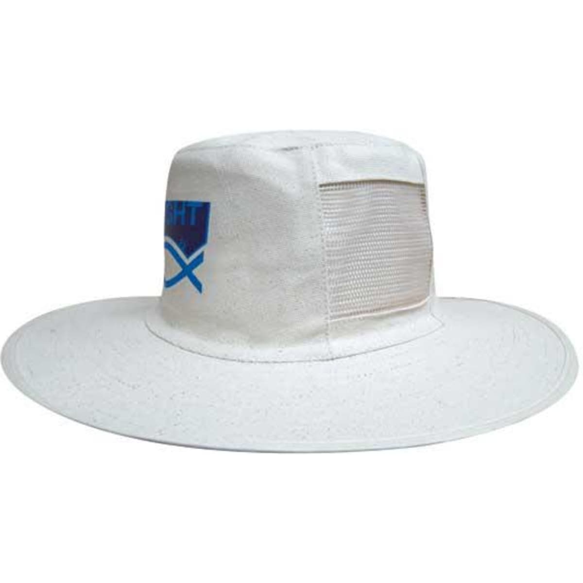 A white canvas hat with vents and a blue logo on the front. It features a wide brim for sun protection.