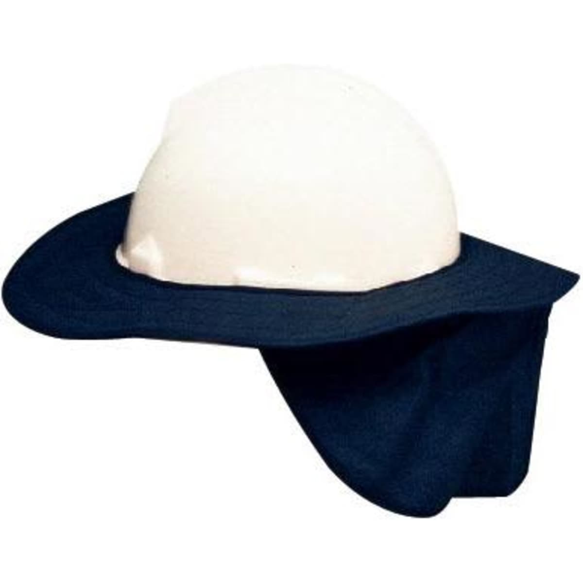 A large white hard helmet with a navy blue brim and neck flap, featuring a logo on the front.