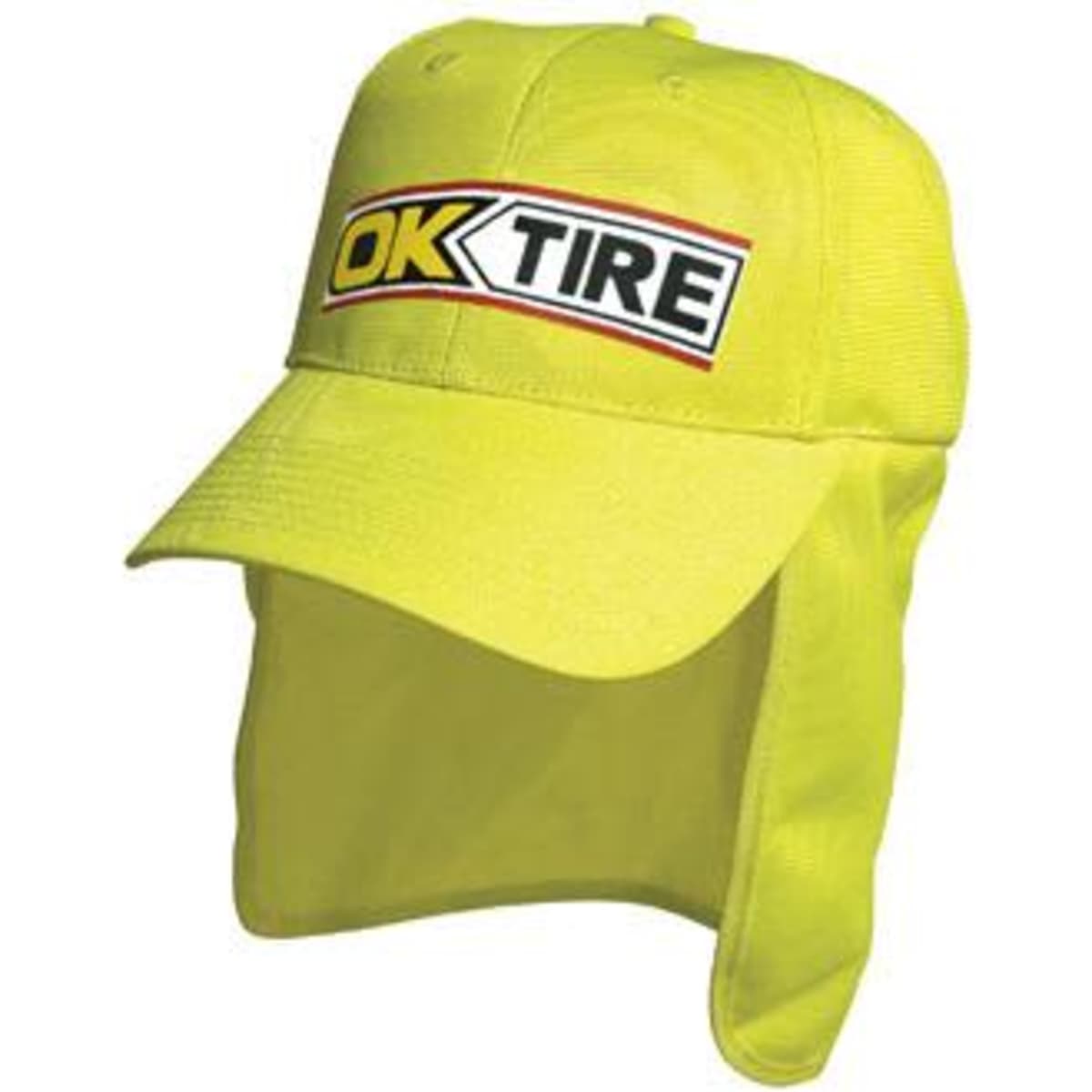 A bright yellow cap with a flap at the back, featuring a logo on the front.