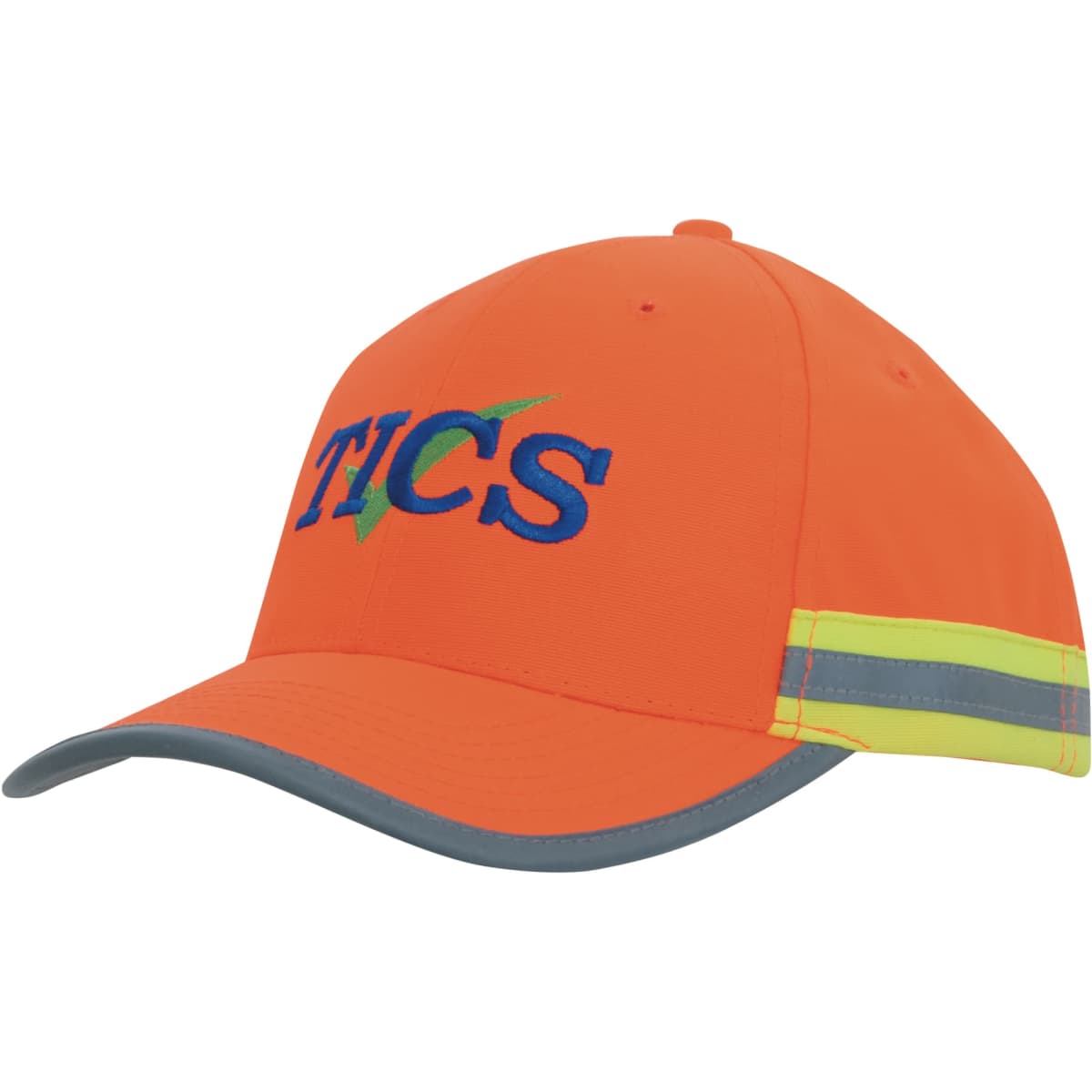 An orange cap featuring reflective tape and a logo. The cap has a grey brim and adjustable strap at the back.