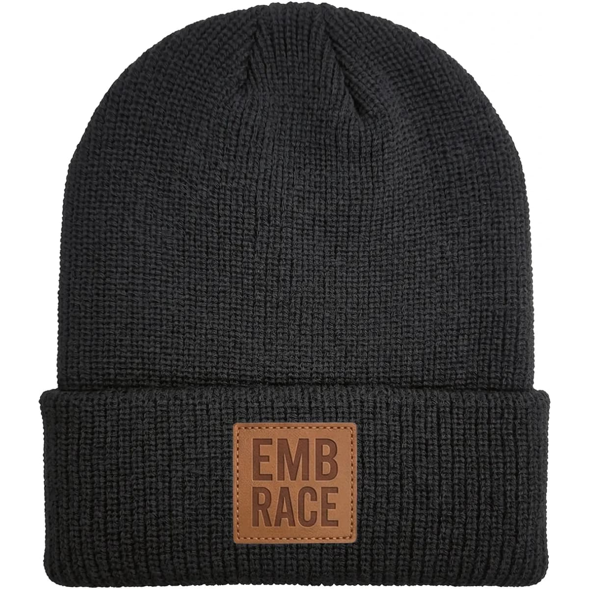 A black knitted beanie with a folded cuff and a textured finish, featuring a logo patch.