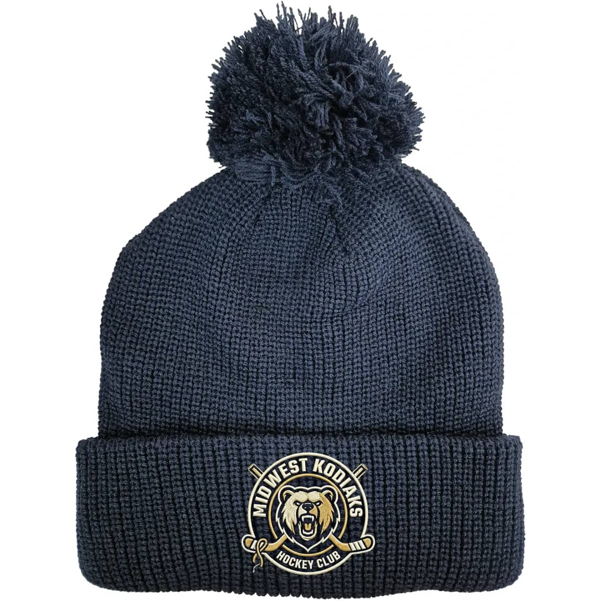 A navy knitted beanie with a pom pom on top and a logo on the front.