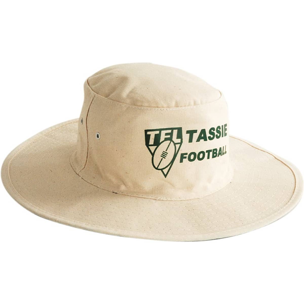 A beige canvas hat featuring a wide brim and a logo. Suitable for outdoor activities.