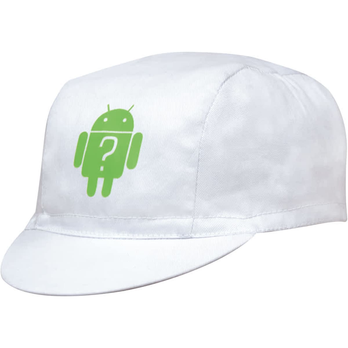 A white cotton cycling cap featuring a green logo on the front. The cap has a classic cycling design.